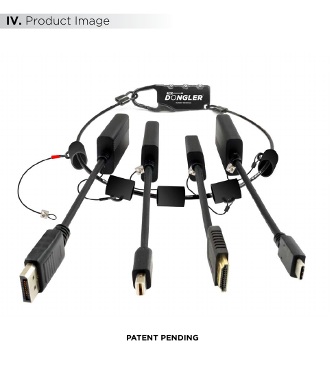 SimplyProAV Dongler assembled product with four dongle adapters attached via wire loop and combination lock