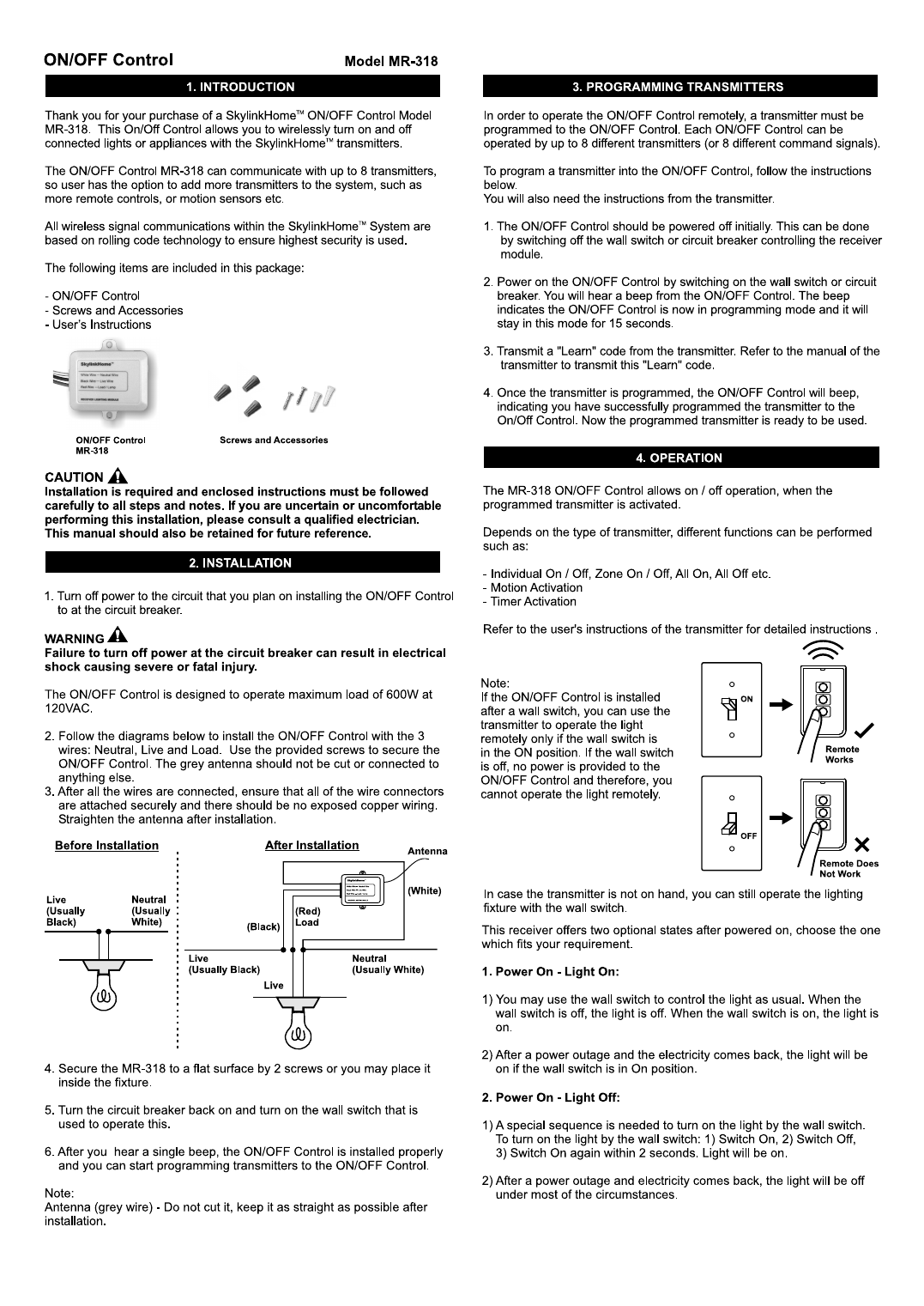 Skylink MR-318 ON/OFF Control wiring diagram showing before/after installation states with Live (black), Neutral (white), and Load (red) wire connections, plus remote-works-vs-does-not-work diagrams