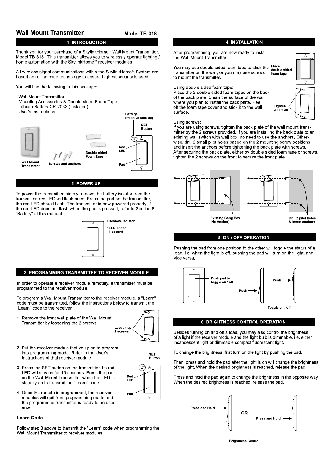 SkylinkHome TB-318 wall mount transmitter manual page 1 — introduction, power up, programming, and installation diagrams