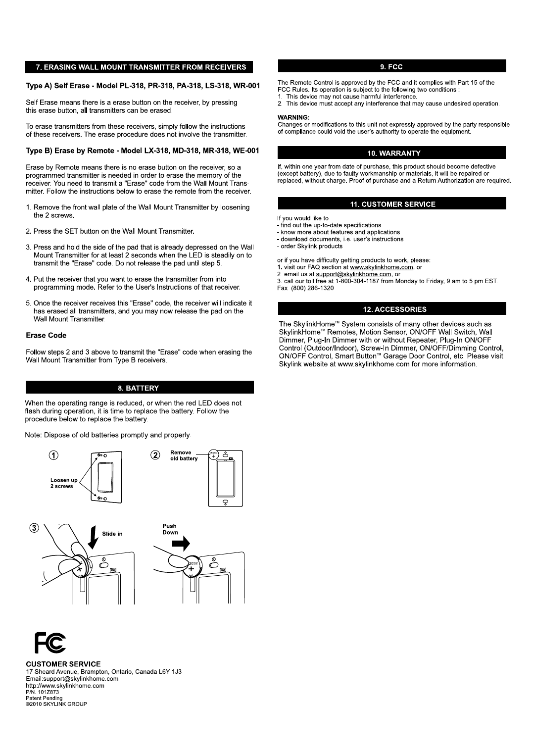 SkylinkHome TB-318 wall mount transmitter manual page 2 — brightness control, erasing, battery replacement, FCC, warranty