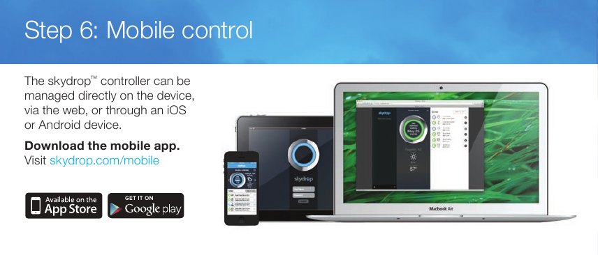 Skydrop mobile app shown on phone, tablet, and laptop with watering schedule dial