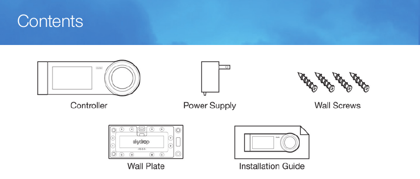Skydrop installation kit contents — controller, power supply, wall screws, wall plate, and installation guide