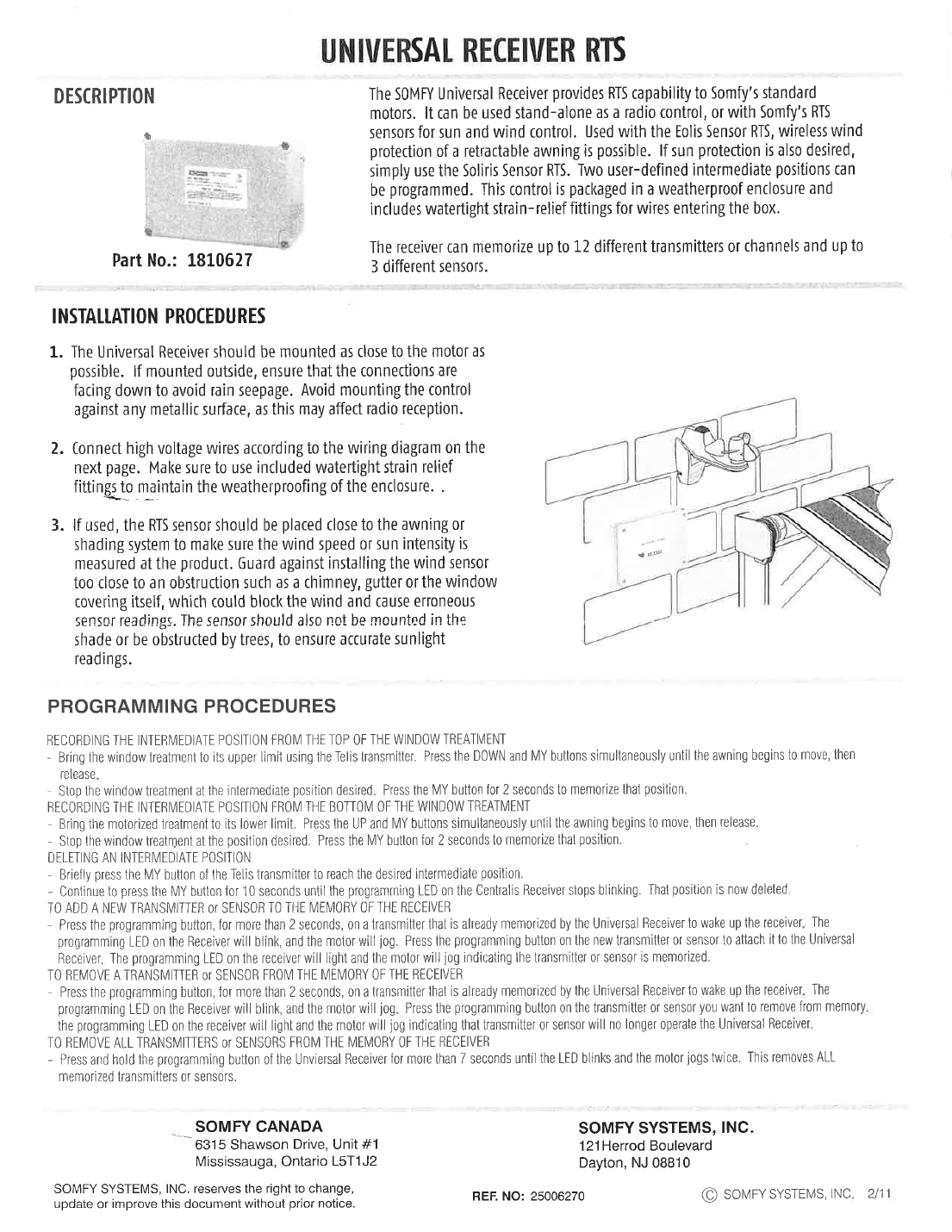 Somfy Universal Receiver RTS installation page 1 — description, mounting, and programming procedures