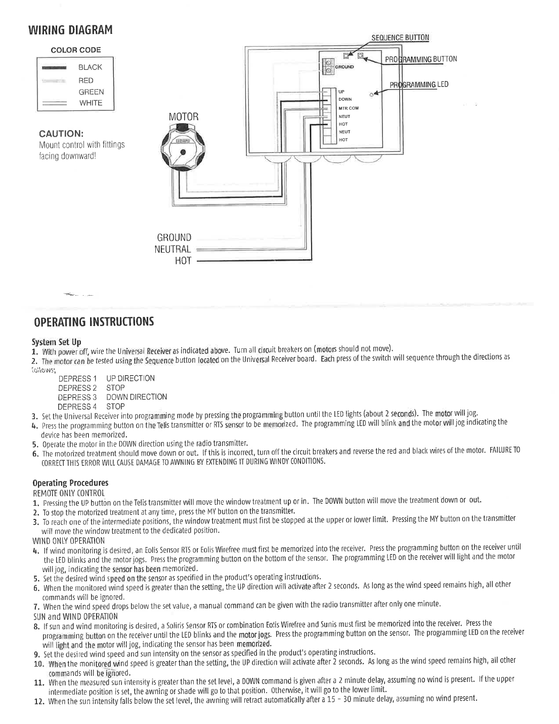 Somfy Universal Receiver RTS installation page 2 — wiring diagram and operating instructions
