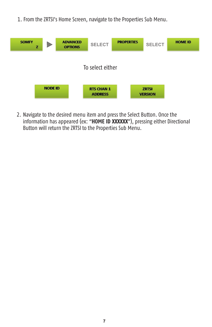 Somfy ZRTSI menu navigation flowchart showing Base Node include/exclude, Virtual Node inclusion/exclusion, RTS programming, RTS testing, and Properties menus