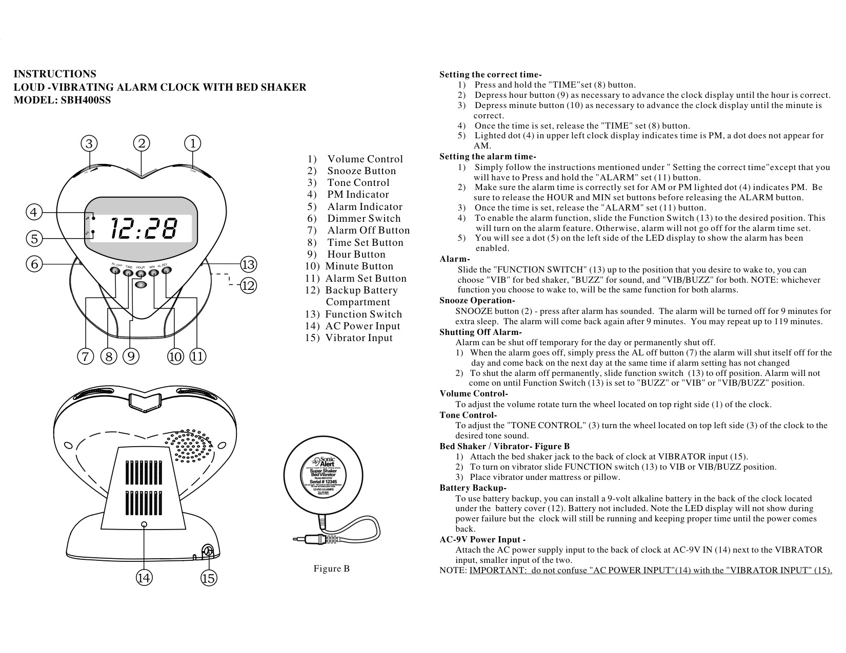 Sonic Alert SBH400SS alarm clock diagram with numbered component callouts and Super Shaker Bed Vibrator accessory