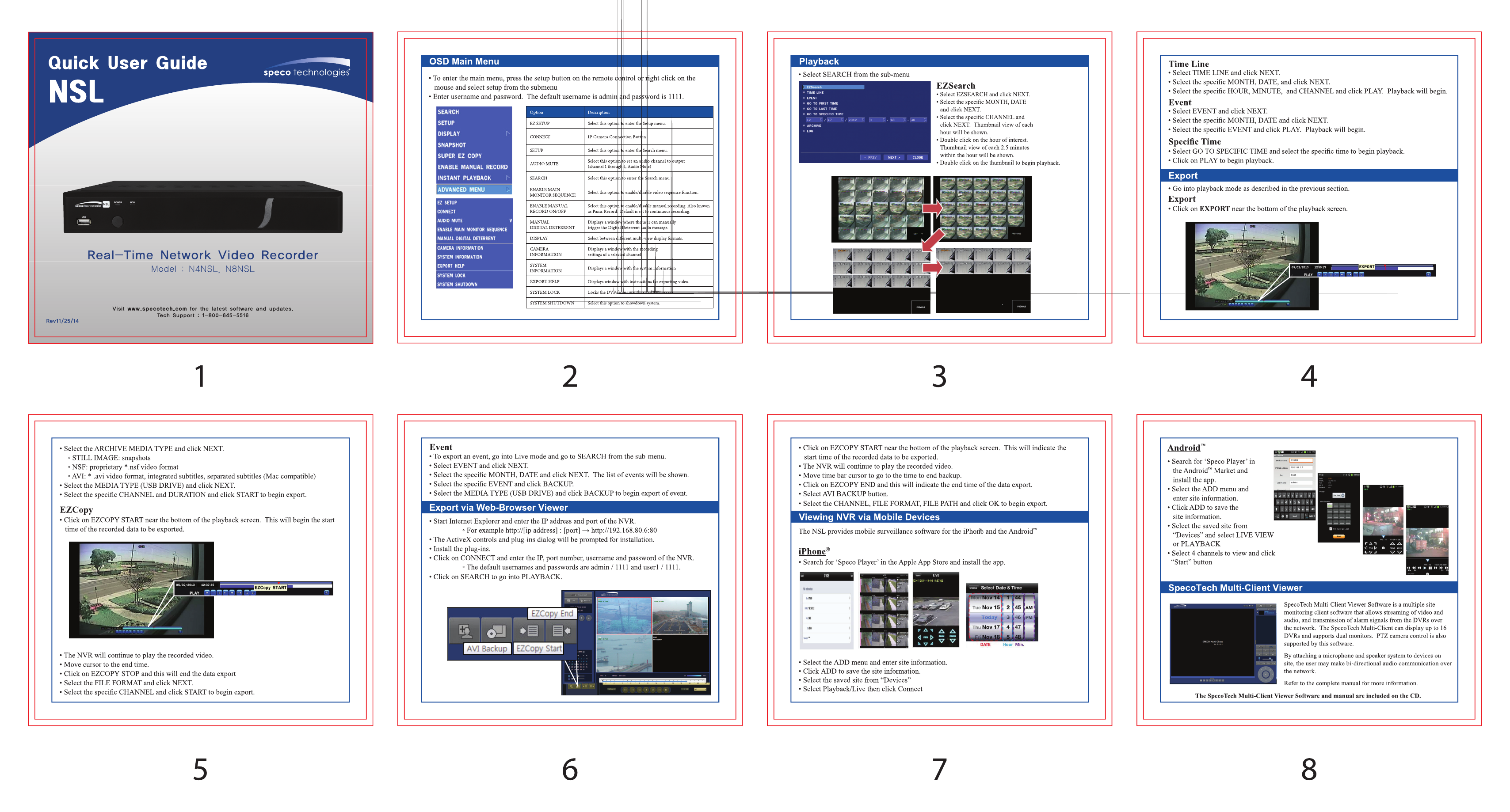 Speco NSL Series NVR Quick User Guide — full 8-panel reference sheet covering OSD menu, playback, export, and mobile viewing