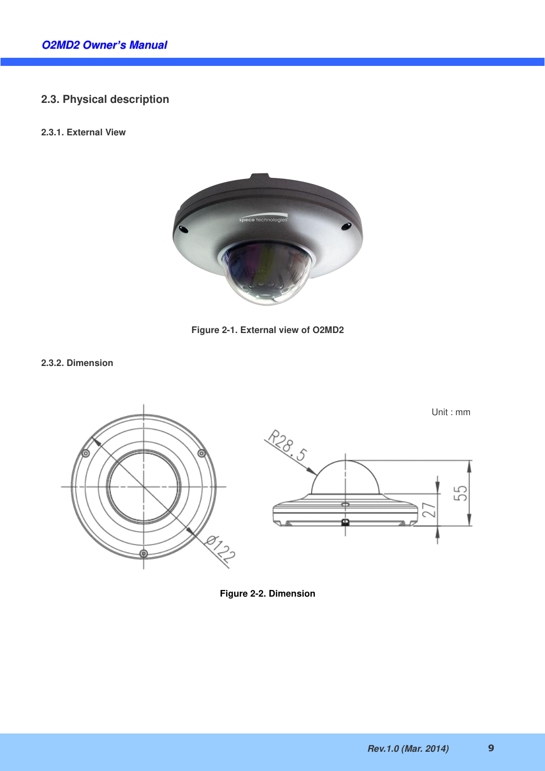 Speco O2MD2 mini dome IP camera external view and dimension drawing with mounting hole diameter and height measurements