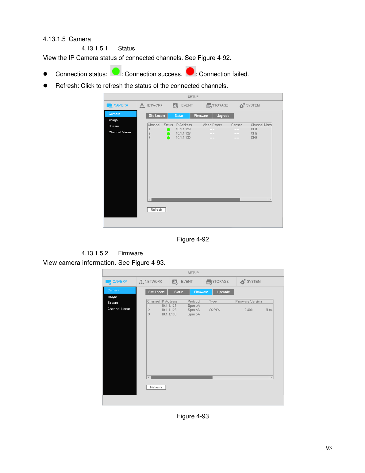 Speco NXP NVR camera connection status and firmware version screenshots