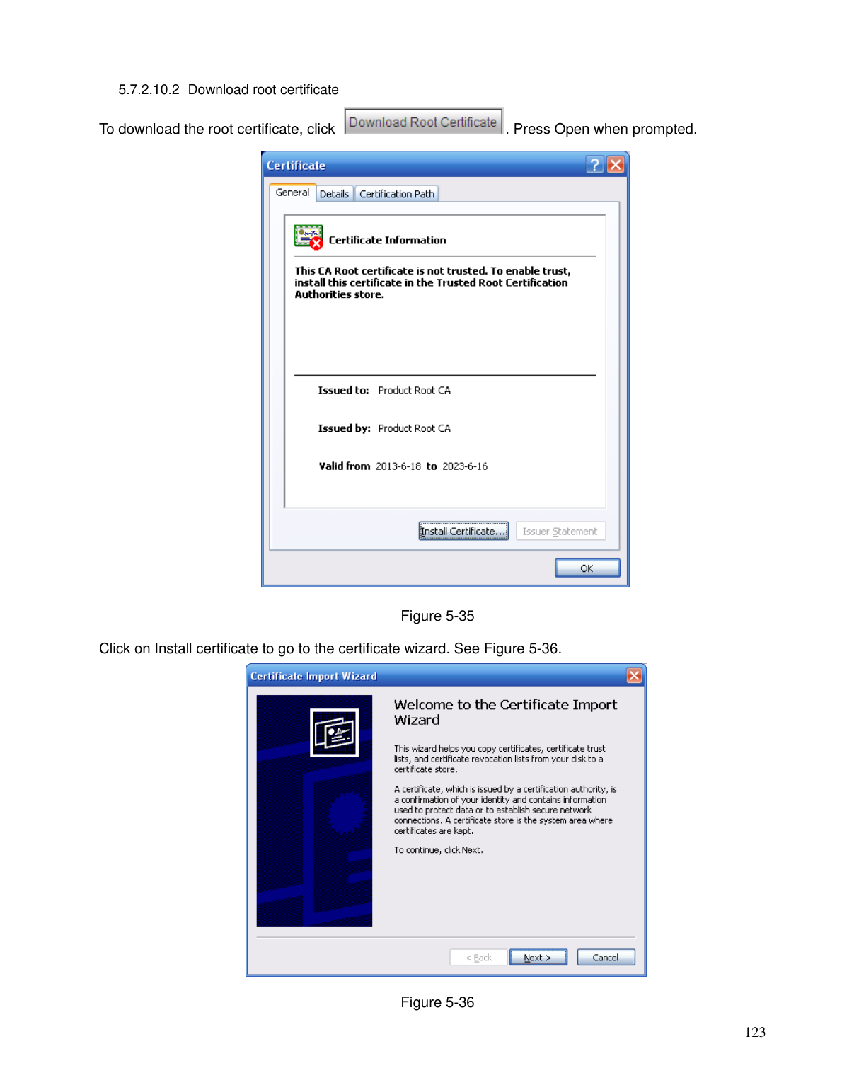 Windows Certificate Import Wizard screenshots for installing the NVR's root certificate