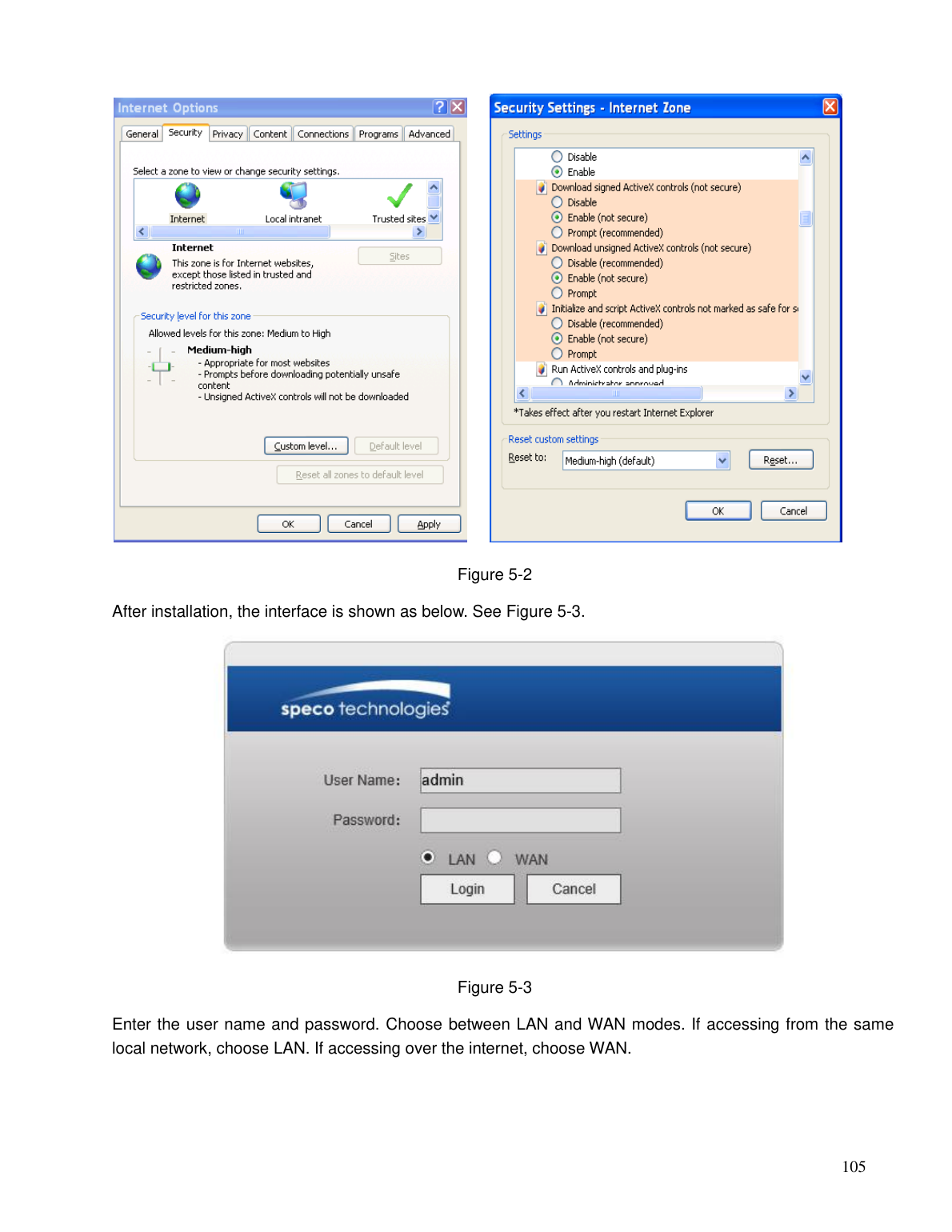 Internet Explorer ActiveX security settings and Speco web login interface for remote NVR access