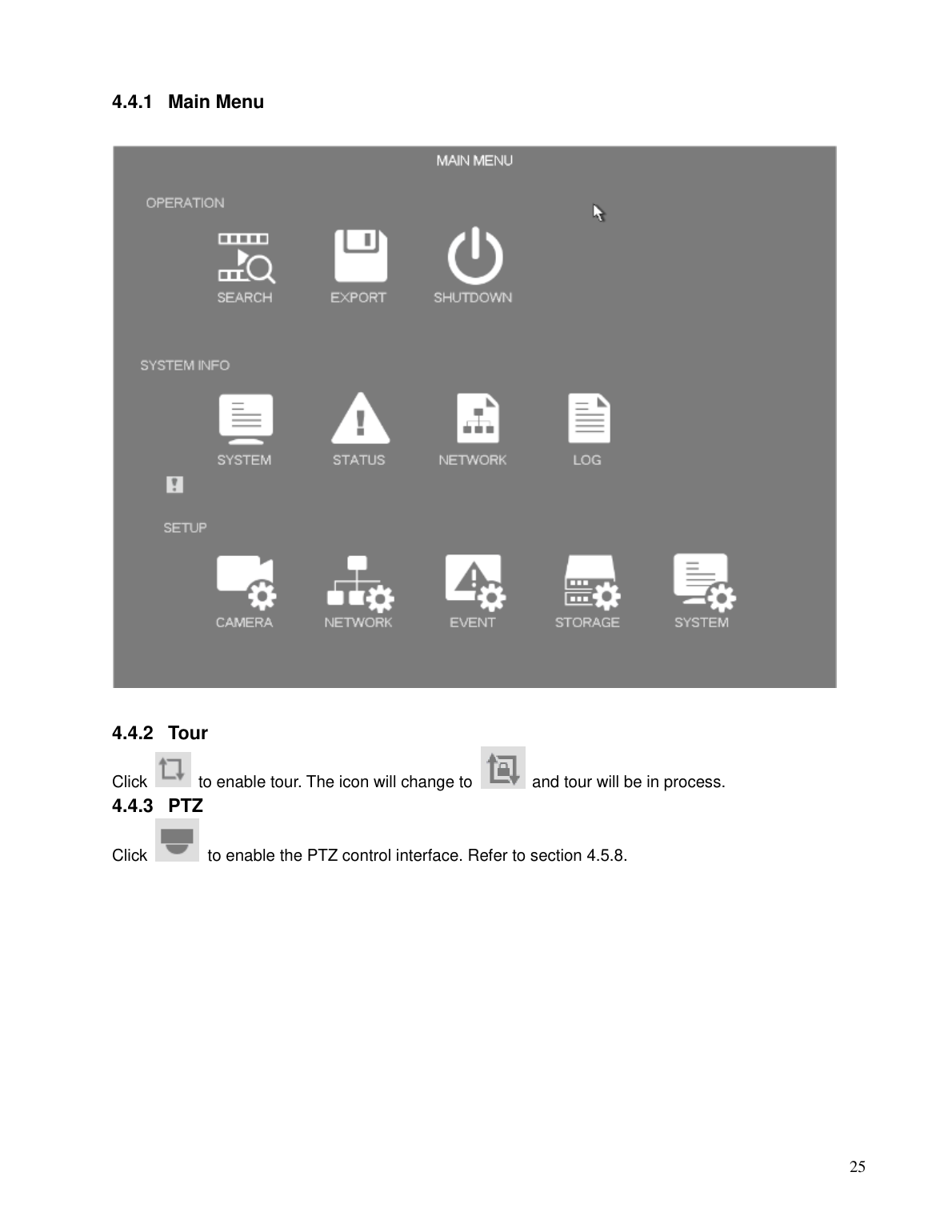 Speco NXP NVR main menu screenshot showing Search, Export, Shutdown, System status, Network, Log, and Setup options