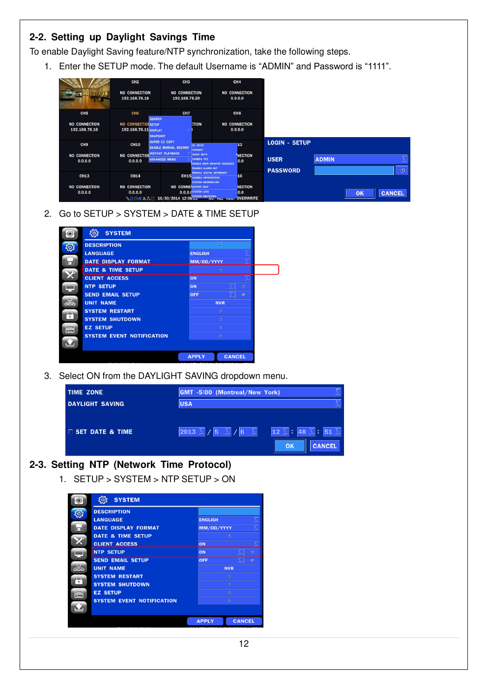 System date, time, and NTP setup screens