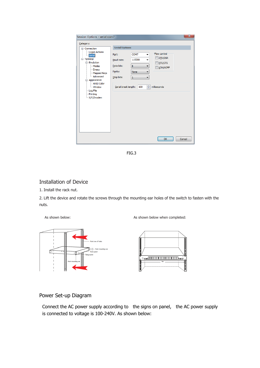 Speco P32S36GM rack installation diagram — mounting screw placement and completed rack-mounted switch