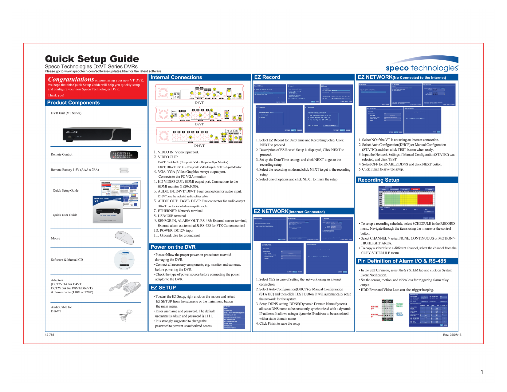 Speco DxVT Series DVR internal connections diagram, power-on procedure, EZ Setup, EZ Record, and pin definitions