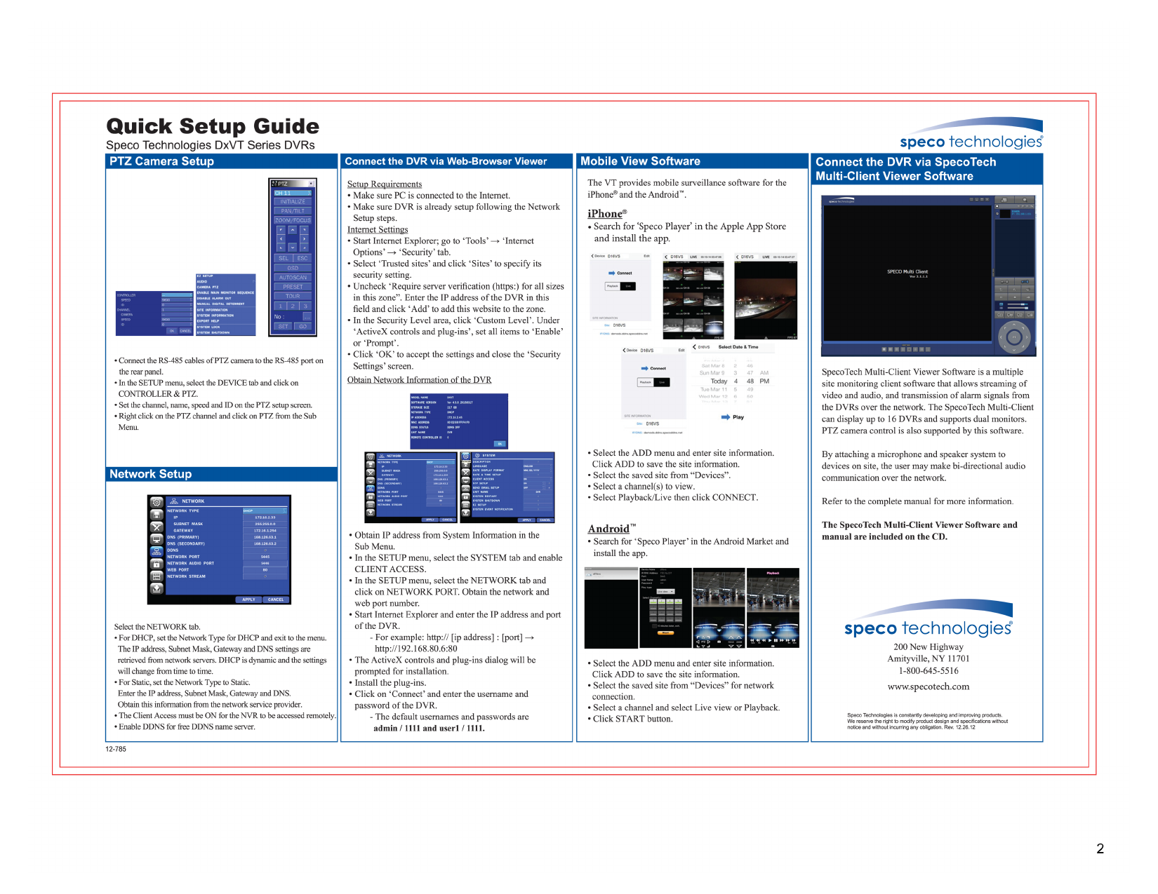 Speco DxVT Series PTZ camera setup, network configuration, web browser access, and mobile viewing instructions