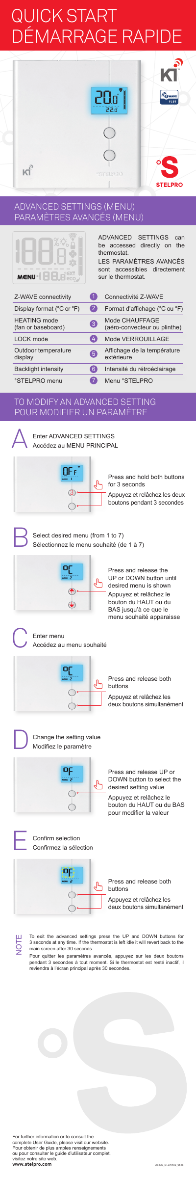 Stelpro STZW402 advanced settings menu navigation diagram showing the numbered 1-7 menu list and button-press sequence