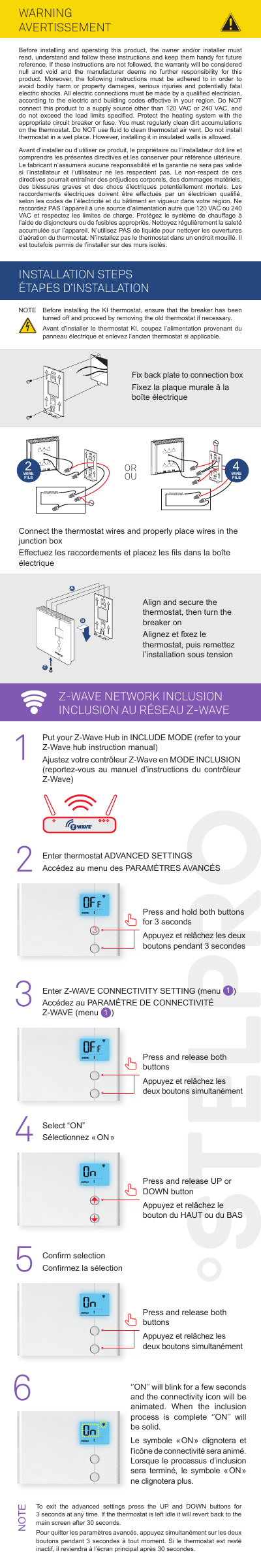 Stelpro STZW402 2-wire and 4-wire installation diagram and Z-Wave network inclusion step sequence