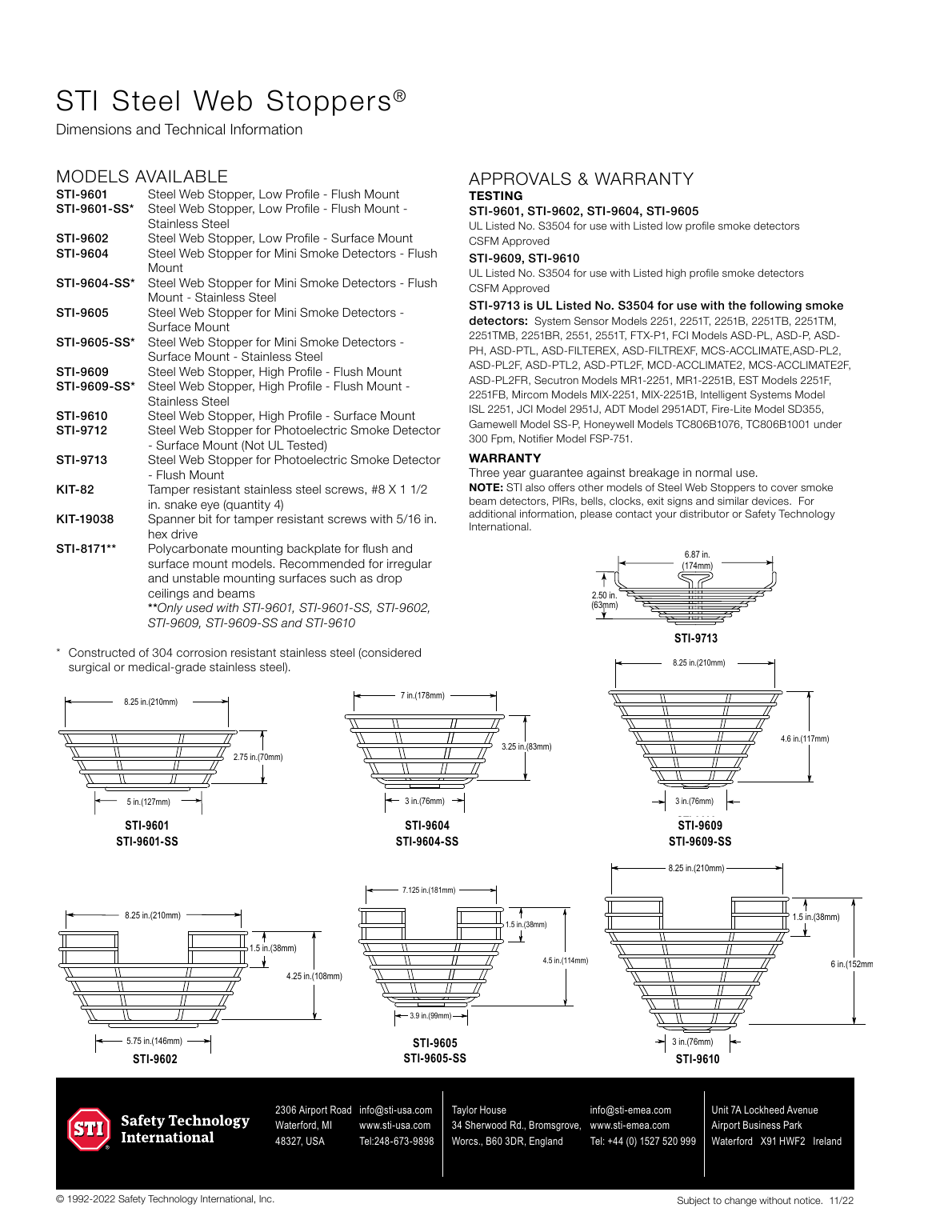 STI Steel Web Stoppers dimensions and technical drawings for STI-9601, STI-9602, STI-9604, STI-9605, STI-9609, STI-9610, and STI-9713 models