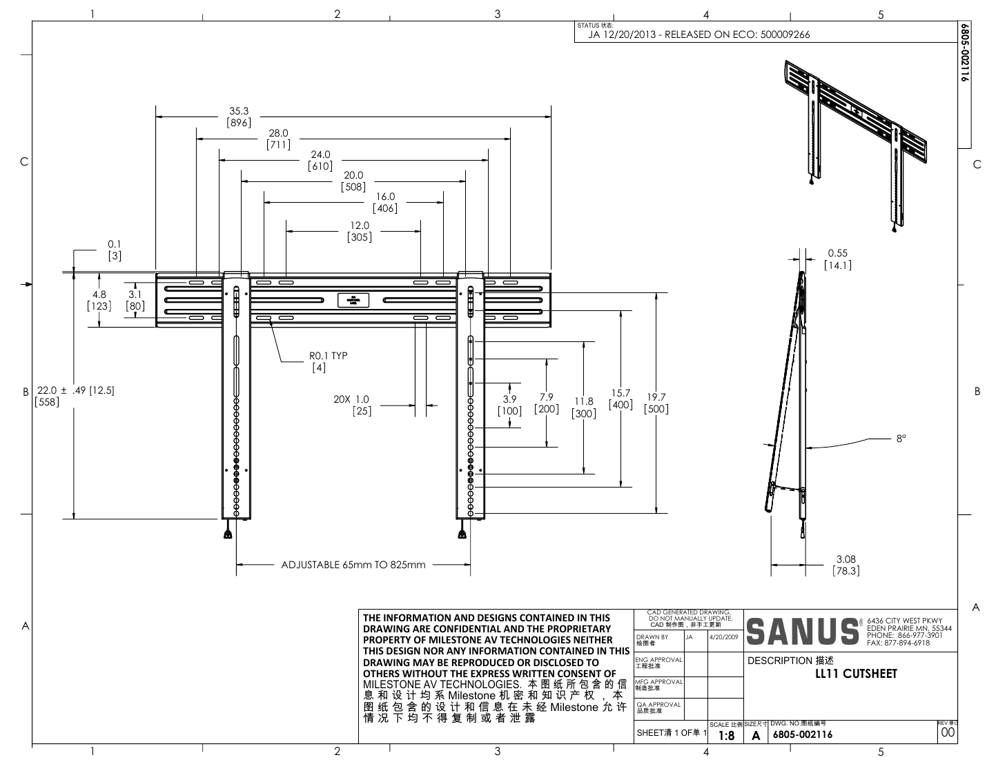 SANUS SULL11B1 fixed position wall mount CAD technical drawing showing dimensions, hole pattern, and adjustable mounting range