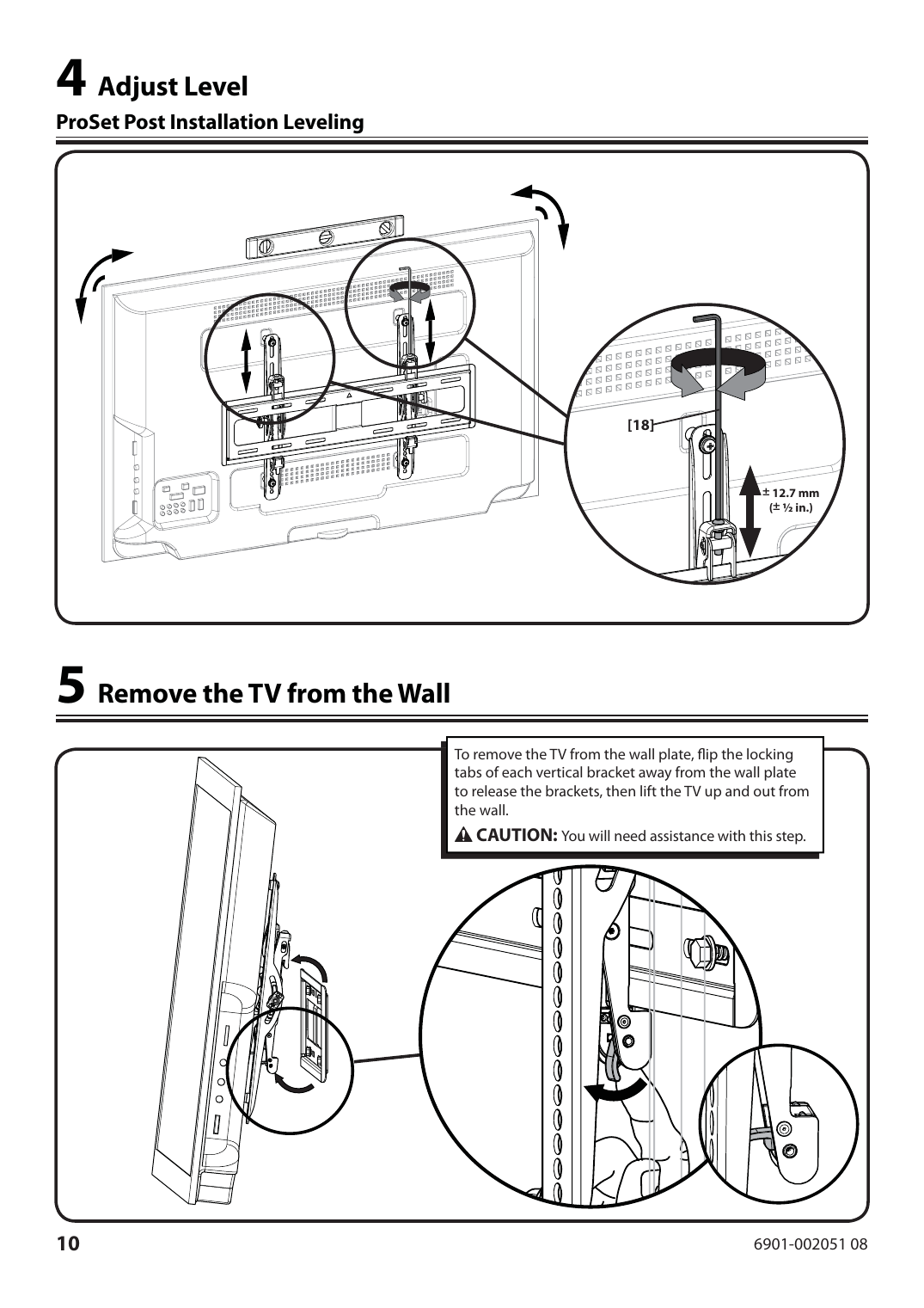 Sanus VMPL50AB1 leveling adjustment and TV removal diagram