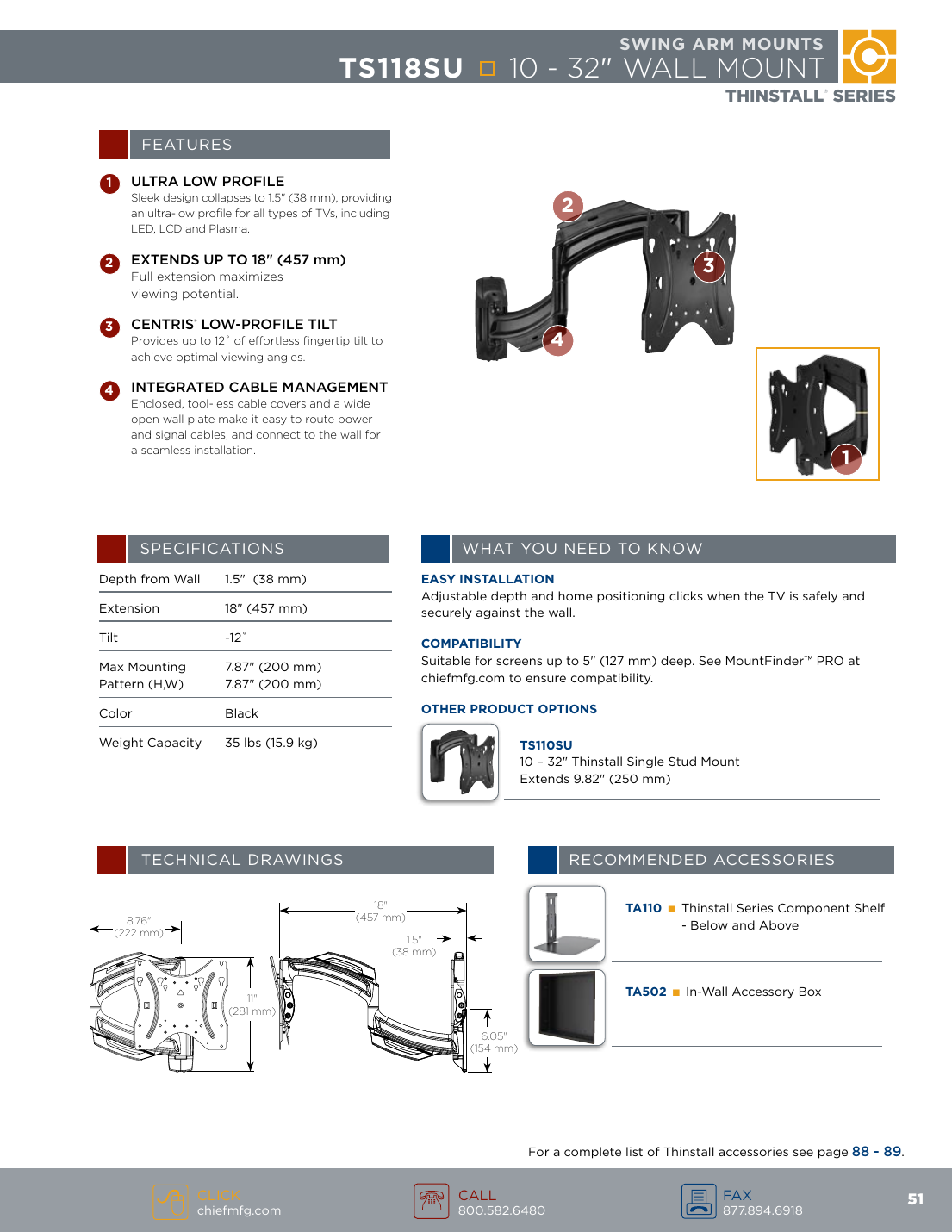 Chief TS118SU Thinstall swing arm wall mount spec sheet with feature callouts and technical drawings