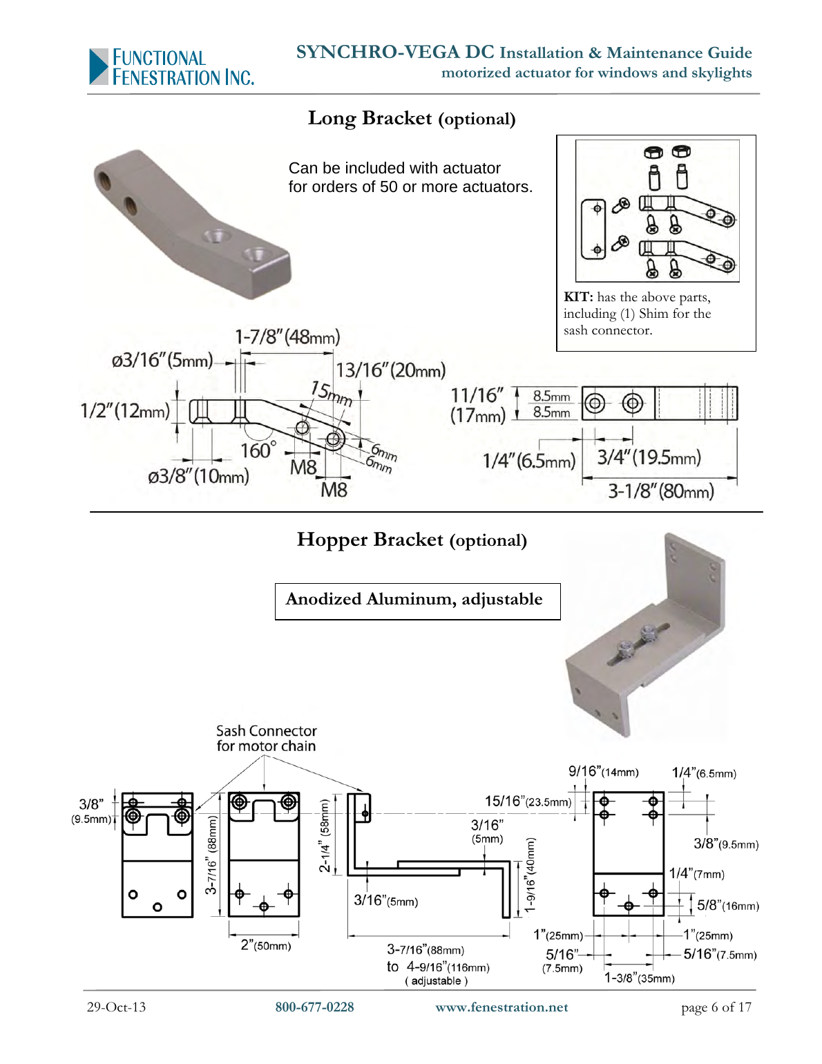 UCS Synchro-Vega actuator standard, long, and hopper mounting bracket options with dimensions