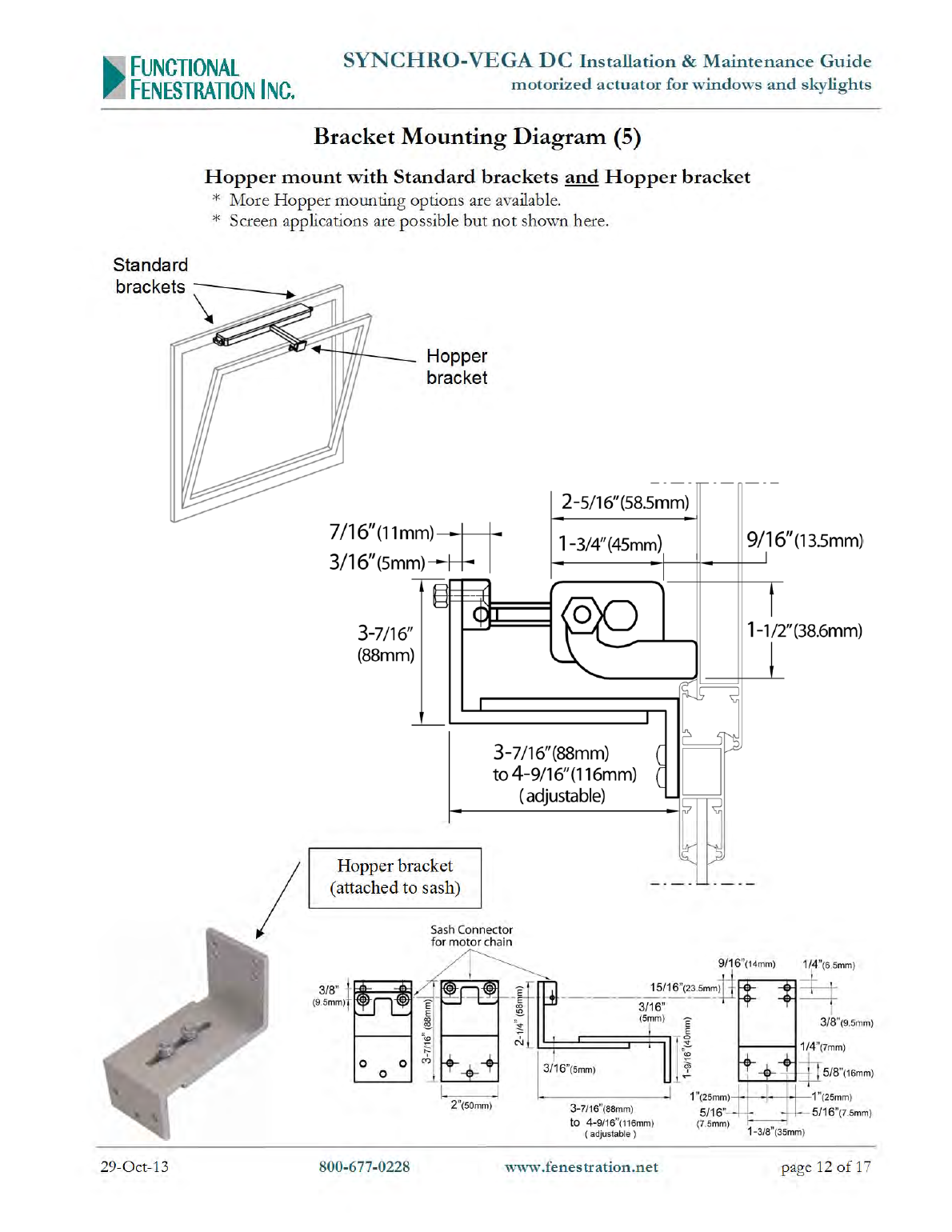 UCS Synchro-Vega hopper bracket mounting configuration with dimensions and sash connector detail