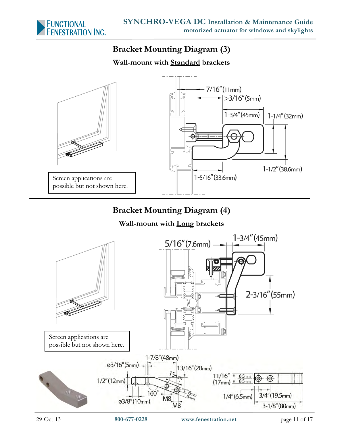 UCS Synchro-Vega wall-mount configuration with standard and long brackets, dimensioned cross-sections