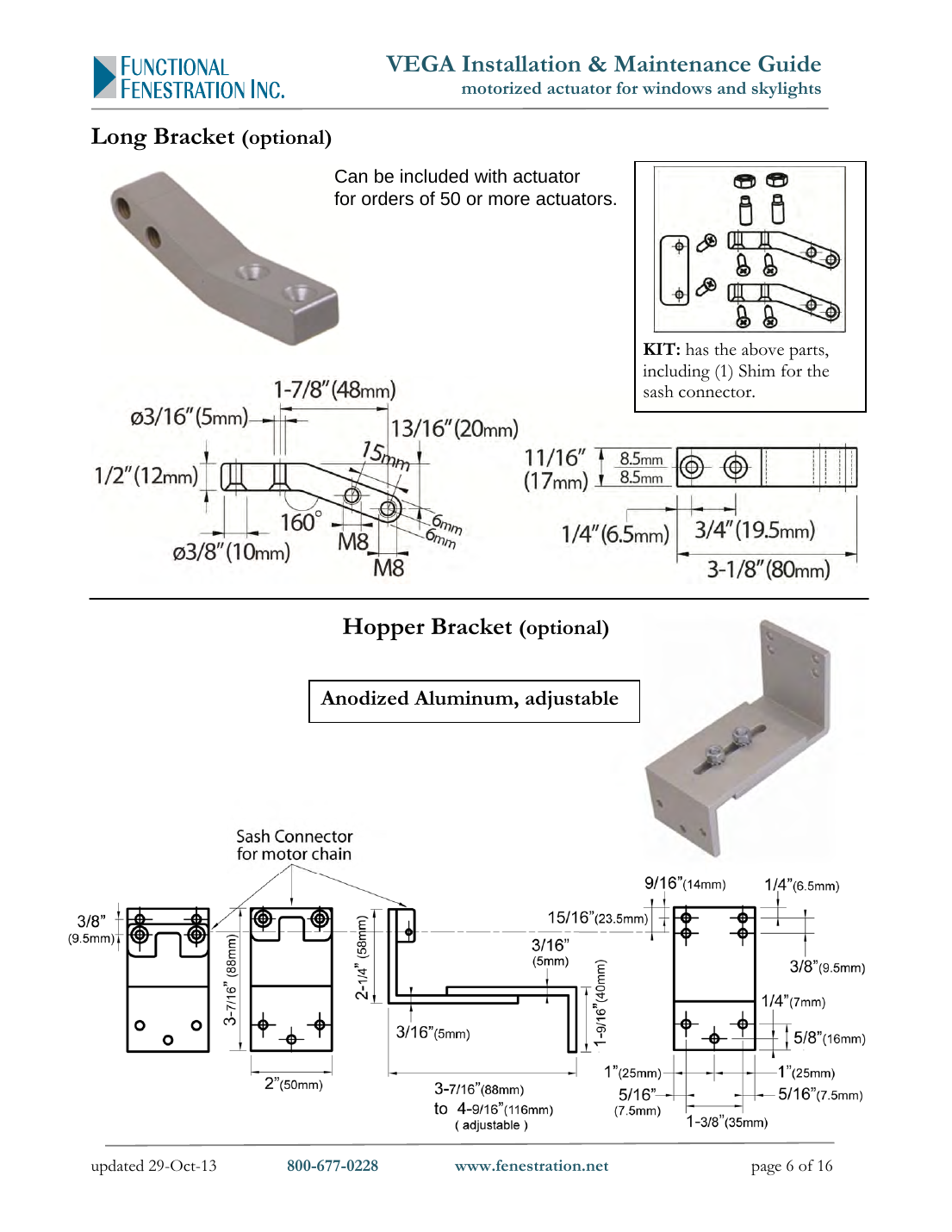 Vega actuator long bracket and hopper bracket dimensioned specifications