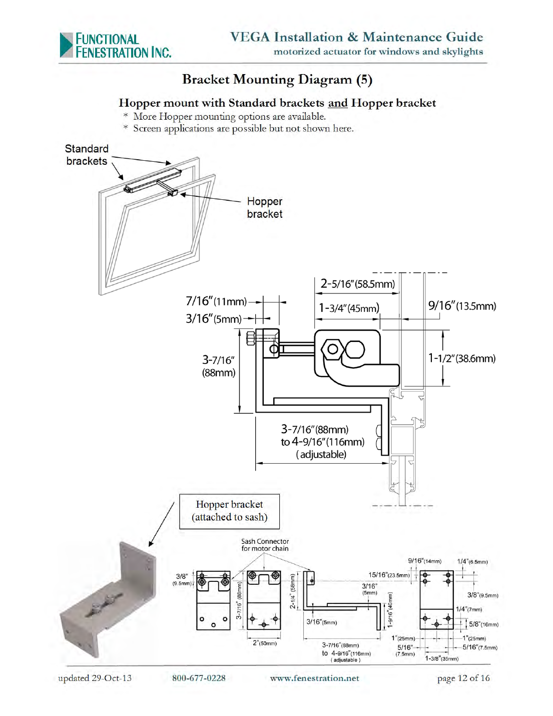 Vega actuator hopper window mounting diagram with standard and hopper brackets