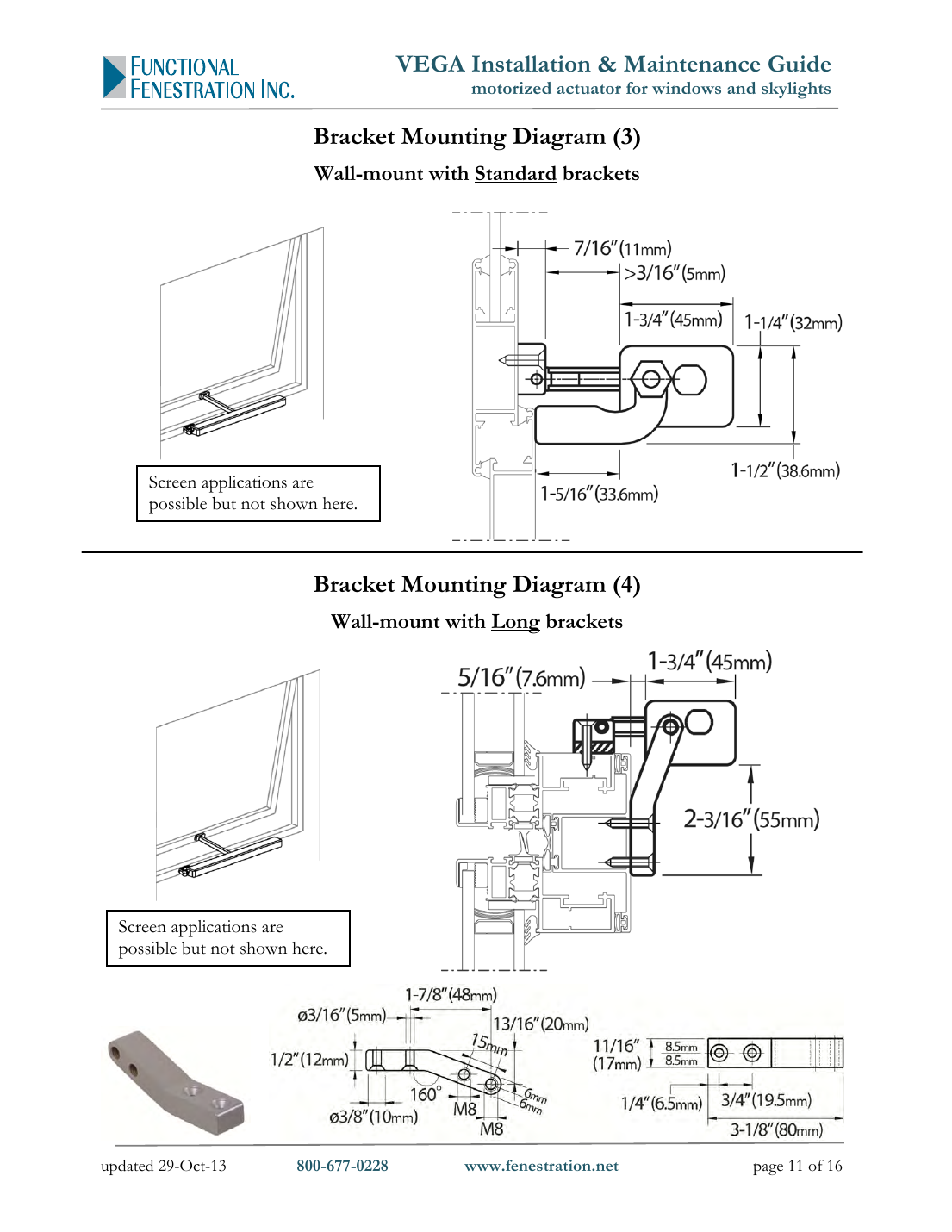 Vega actuator wall-mount installation diagrams comparing standard and long brackets