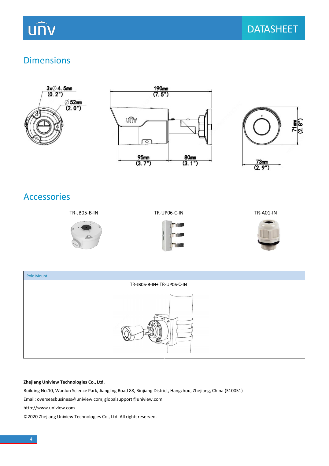 Uniview IPC2125SR5-ADF28KM-G camera dimension diagram and mounting accessories