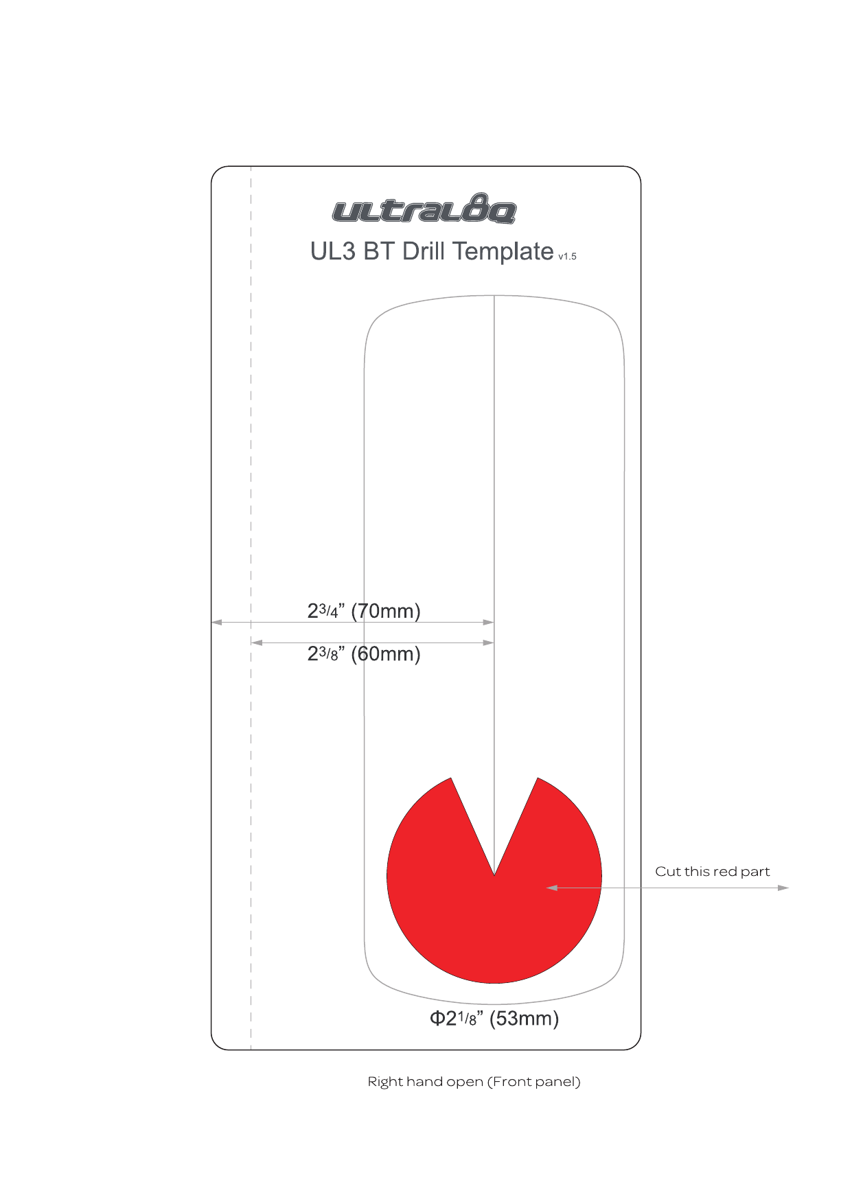 Ultraloq UL3 BT smart lock drill template — page 1, showing backset and cross-bore hole dimensions