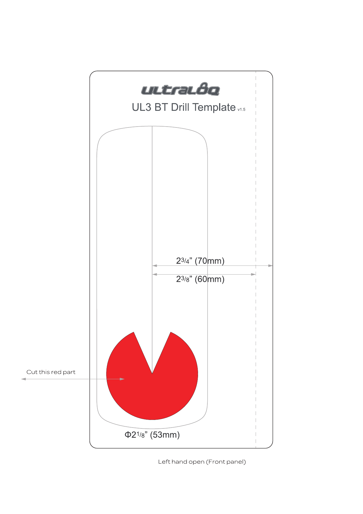 Ultraloq UL3 BT smart lock drill template — page 2, showing backset and cross-bore hole dimensions