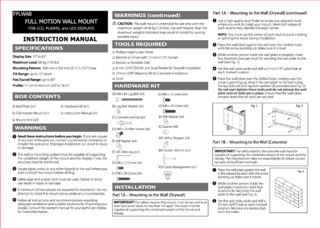 VMP FPLWAB full motion wall mount instruction manual page 1 — specifications, box contents, warnings, wall mounting to drywall and concrete