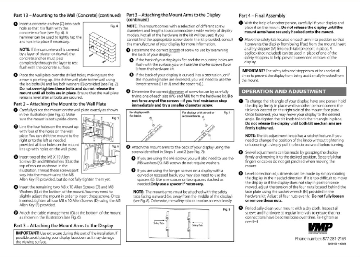 VMP FPLWAB full motion wall mount instruction manual page 2 — attaching mount to wall plate, mount arms to display, final assembly, tilt/swivel adjustment