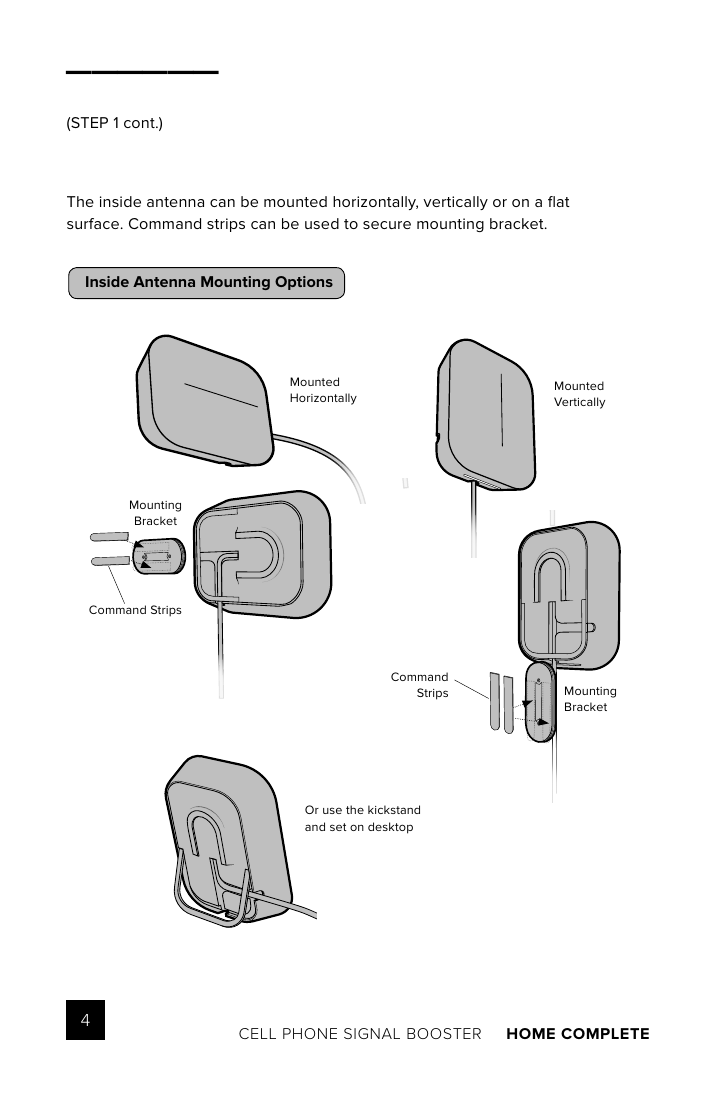 weBoost Home Complete inside antenna mounting options — horizontal, vertical, and kickstand desktop placement