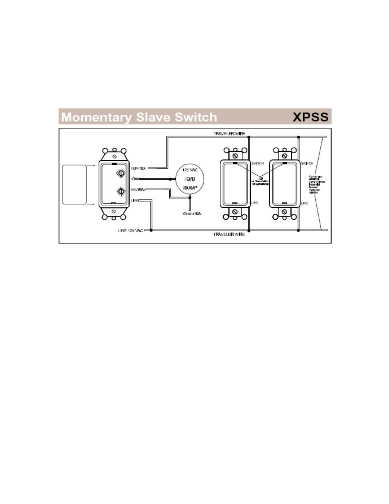 X10 PRO XPSS Momentary Slave Switch wiring diagram showing primary switch (CONTROL, LOAD, NEUTRAL, LINE terminals) connected via traveler wires to companion switches, plus load and line connections