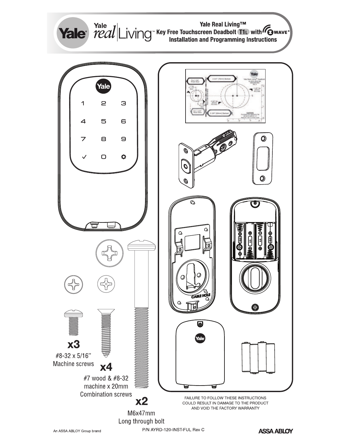Yale T1L touchscreen deadbolt exploded parts diagram with door prep template and hardware
