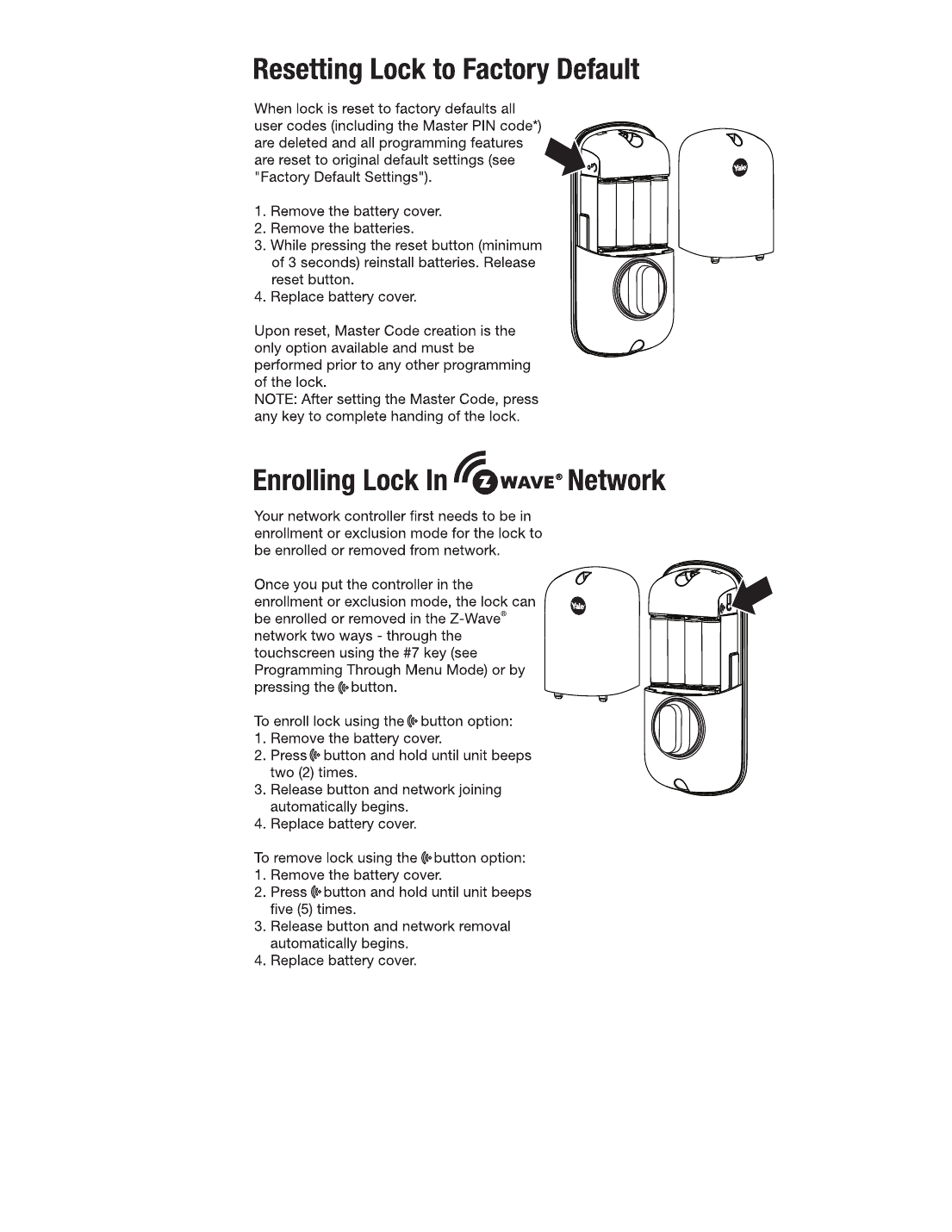 Yale T1L full programming menu tree diagram for Master PIN, user codes, advanced settings, audio mode, lockout mode, and network settings
