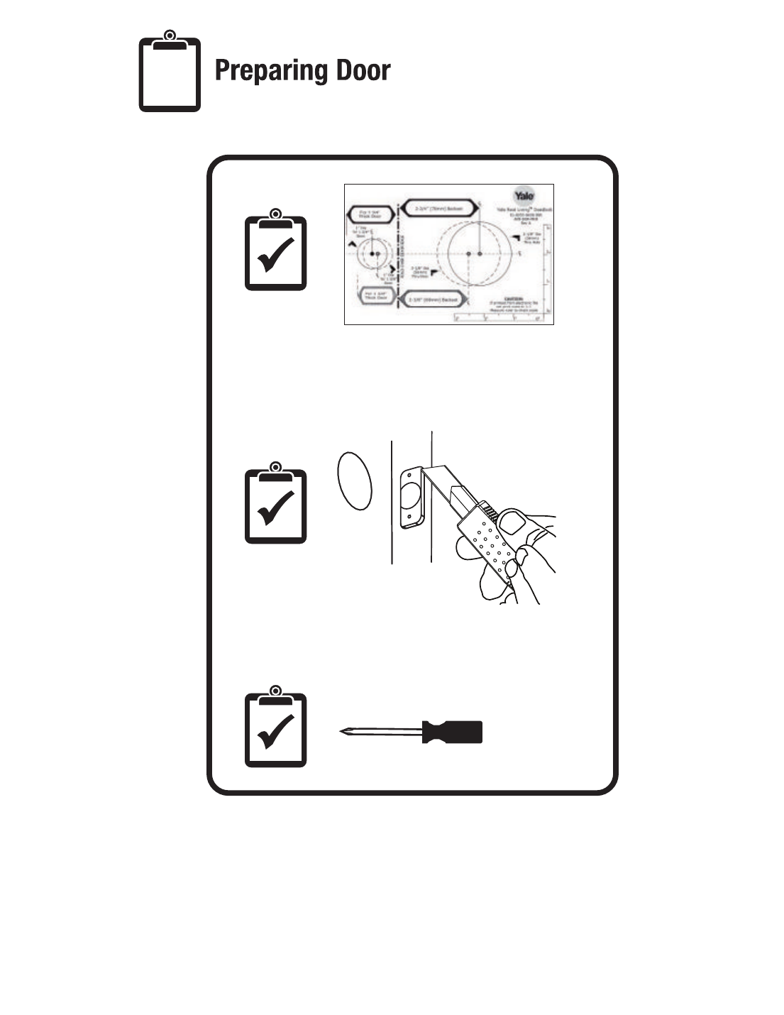 Yale T1L deadbolt latch and strike plate installation diagram showing 2-3/8 and 2-3/4 inch backset positions