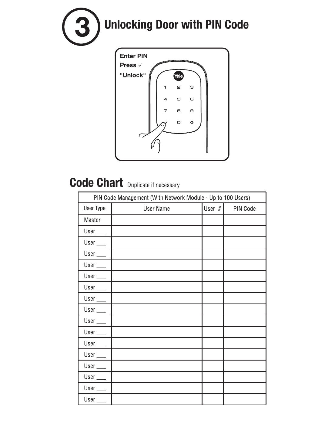 Yale T1L unlock instructions and PIN code management chart for up to 100 users