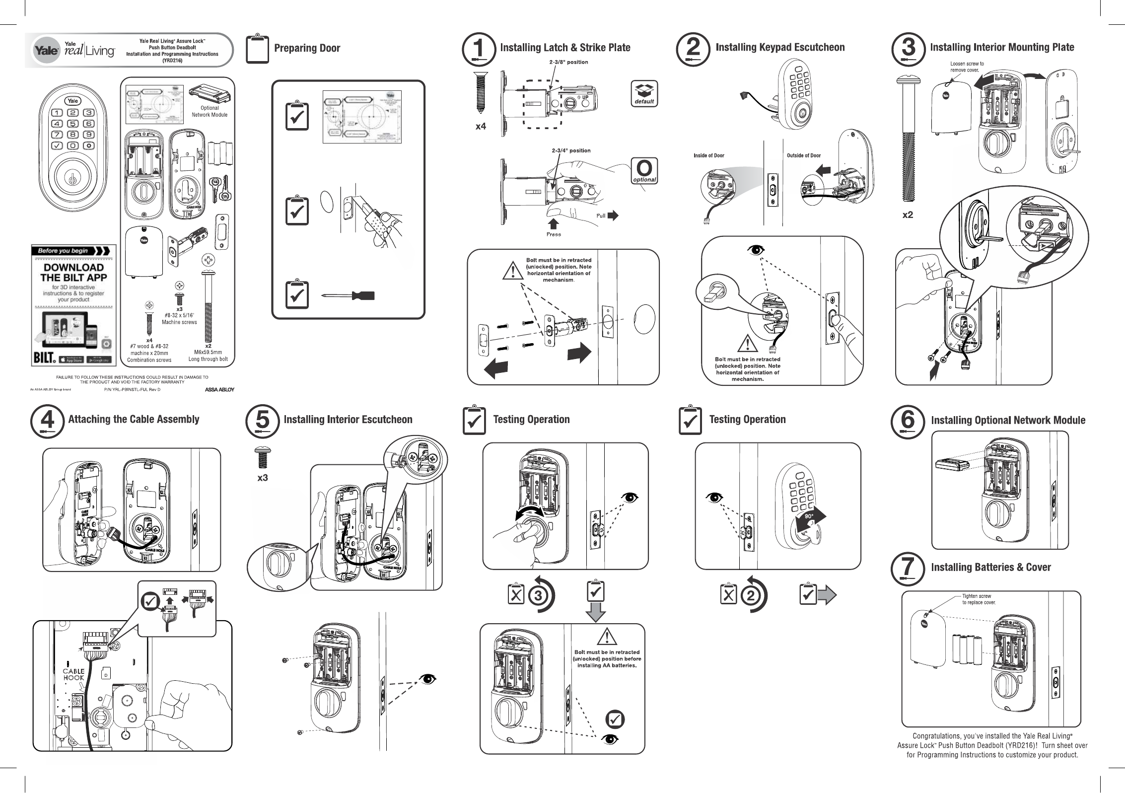 Yale YRD216 Assure Lock installation instructions — latch, strike plate, escutcheons, mounting plate, cable assembly, batteries