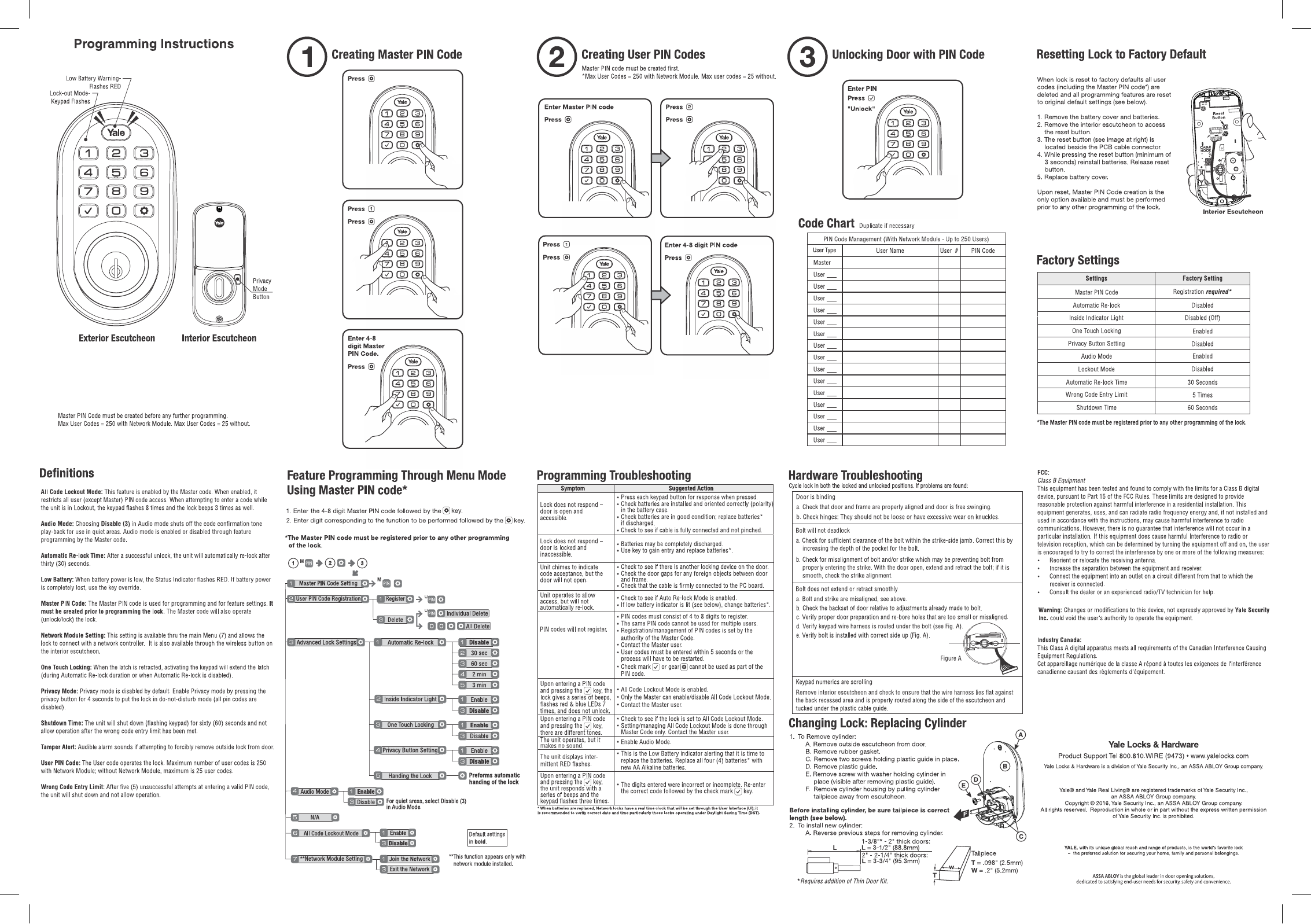 Yale YRD216 Assure Lock programming instructions, factory settings, troubleshooting, and menu tree