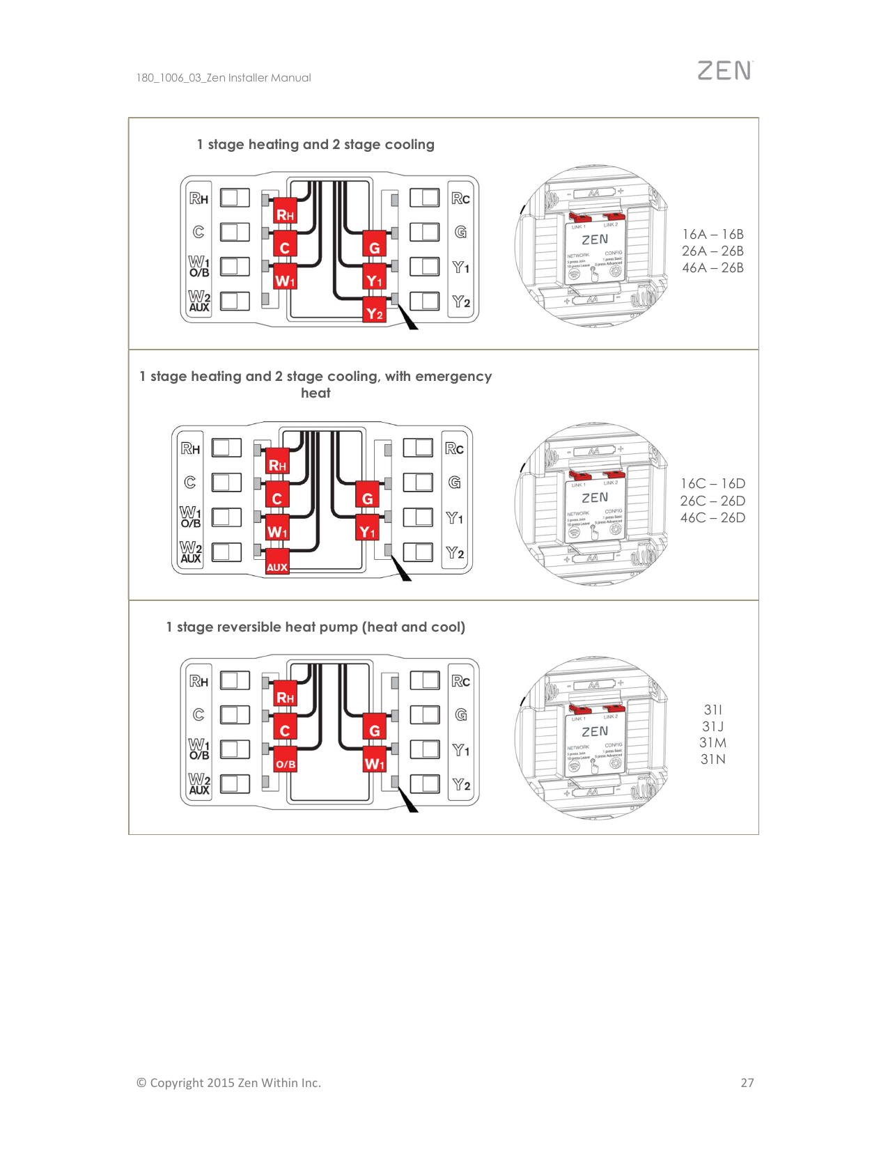 ZEN Thermostat wiring diagram — 2-stage reversible heat pump with emergency heat configurations